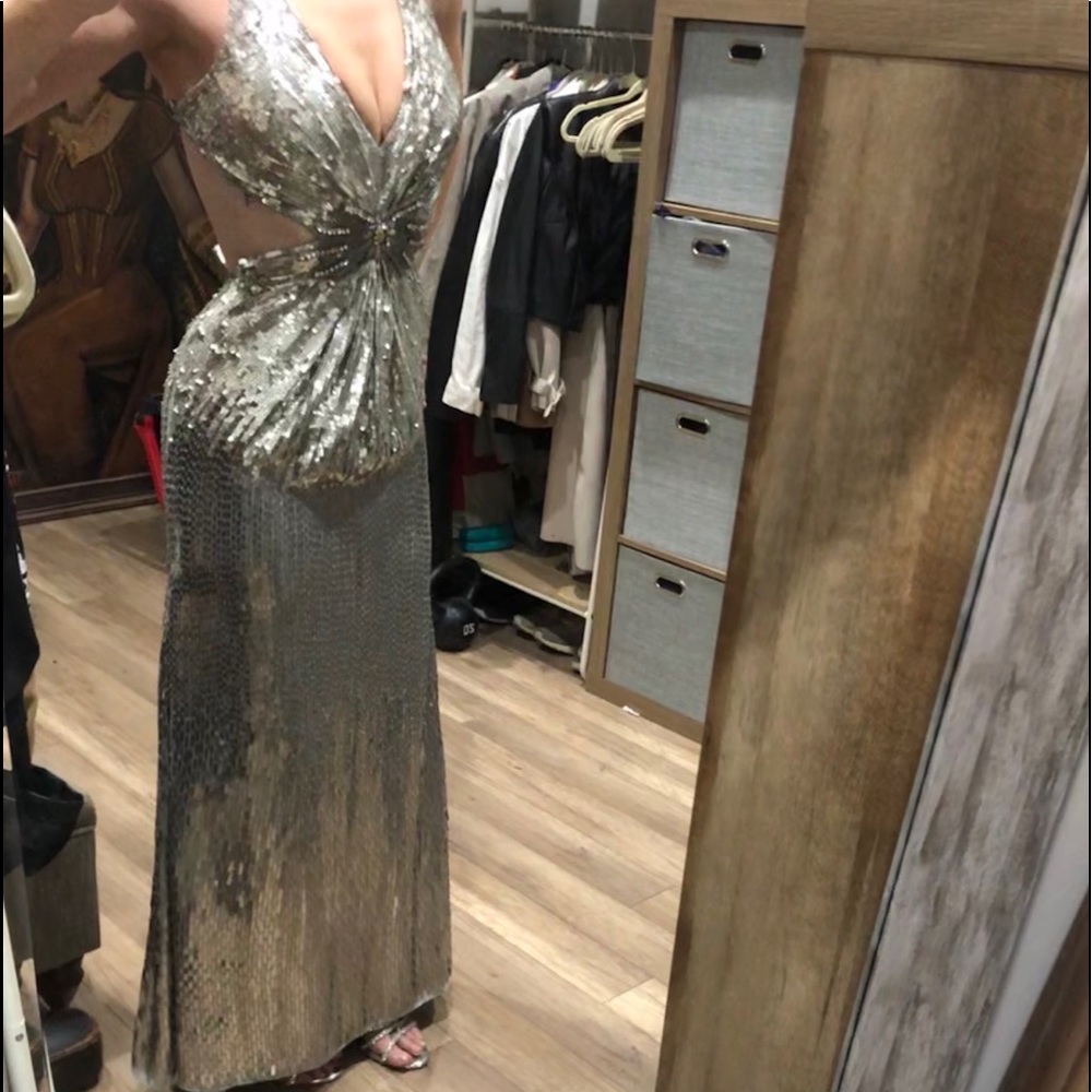 Mac Duggal Marilyn Silver Sequin Cutout Prom Dress